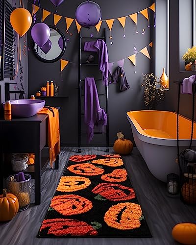 DEXDE Fall Halloween Bathroom Rugs Runner Pumpkins Long Bath Mat for Autumn Harvest Thanksgiving Home Decor, Soft Luxury Plush Non-Slip Carpet for Hallway Bedroom Kitchen, Orange Yellow 20x60