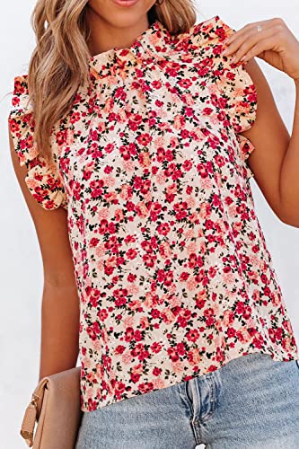 Allimy Women Summer Casual 2022 Sleeveless Chiffon Blouses Floral Loose Fit Tank Tops Red Medium