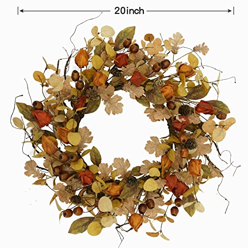 AMF0RESJ Artificial Fall Wreath for Front Door Autumn Wreath with Golden Eucalyptus Leaves,Oak Leaves for Indoor Outdoor Farmhouse Home Wall Window Festival Wedding Decor