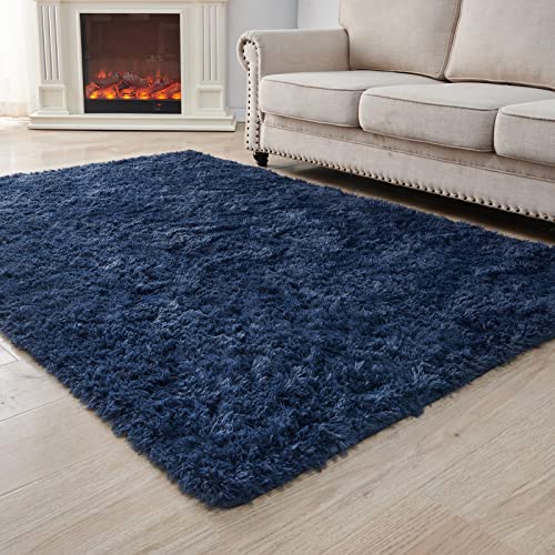 ANVARUG 3x5 Feet Small Area Rug, Upgrade Anti-Skid Durable Rectangular Cozy Rug, High Pile Shag Carpet Rugs for Indoor Home Decorative, Navy Blue