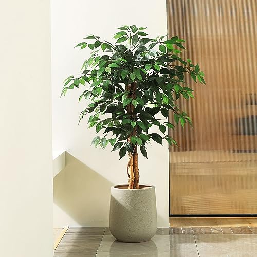 SOGUYI 4ft Artificial Ficus Tree with Natural Wood Trunk, Silk Fake Ficus Tree in Plastic Nursery Pot, Faux Plant for Office Home, Indoor Outdoor Decor, 1 Pack