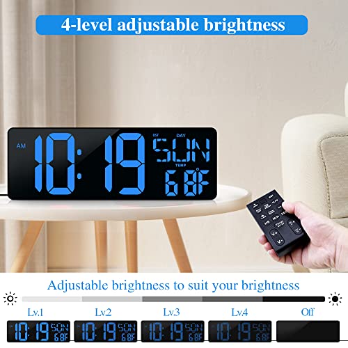 Large Digital Wall Clock with Remote Control 17.2" LED Large Display Timer with Temperature Date Week Auto DST Adjustable Brightness, Big Wall Alarm Clock for Living Room Office Garage Gym Seniors