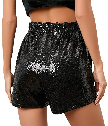 Women Summer Sequins Shorts High Waist Casual Loose A Line Hot Pants Sparkly Clubwear Night-Out Skorts (Black,XL,X-Large)