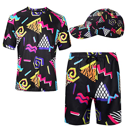 Men's 2 Pieces 80s 90s Outfit Retro Shirts and Shorts Set with Baseball Cap Hawaiian Summer Tracksuit for Summer Disco Party (Stylish Style, Large)