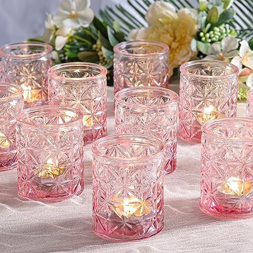 Sunnyfuture 12pcs Pink Votive Candle Holders, Tealight Candle Holders, Glass Candle Holders for Table Centerpiece, Wedding, Home Decoration, Birthday Party,Gifts