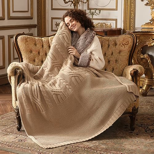 Amélie Home Cable Knit Throw Blanket, Soft Cozy Lightweight Knit Throw Blanket, Farmhouse Soft Fall Light Throw Blanket for Couch Sofa Bedroom, 50" x 60", Beige