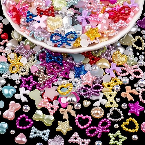 1200Pcs 3D Multi Shapes Nail Charms and Flatback AB Pearls, Colorful&White Mix Styles Heart Star Bow Sunflower Embellishments for Nail Art, Craft and Decoration with Tweezer and Pickup Pencil