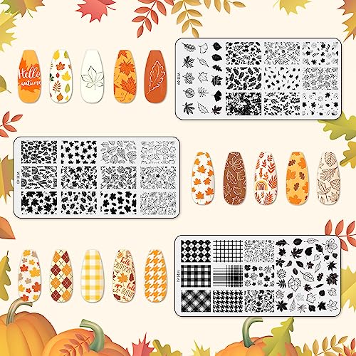 AnyDesign 3 Sheet Fall Thanksgiving Nail Art Stamping Plates Kit Assorted Maple Leaves Plaid Autumn Blessings Collection Nail Art Plate for Autumn Thanksgiving Nail Art Design DIY Print Manicure Salon