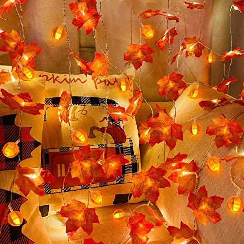 3 Pack Fall Garland with Pumpkin Lights & Enlarged Maple Fall String Lights Pumpkins Lights, 30Ft 60LED Waterproof Battery Operated Fall Decorations Home Indoor Outdoor Thanksgiving Halloween Decor