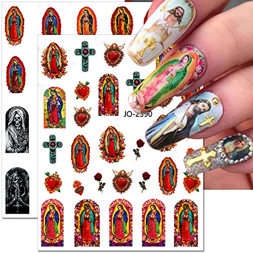 Dornail 12 Sheets Virgin Mary Nail Art Stickers, Christian Jesus San Judas Nail Stickers 3D Self-Adhesive Nail Design Baby Angel Wings Nail Decals for Women DIY Nail Decorations for Nail Art Supplies