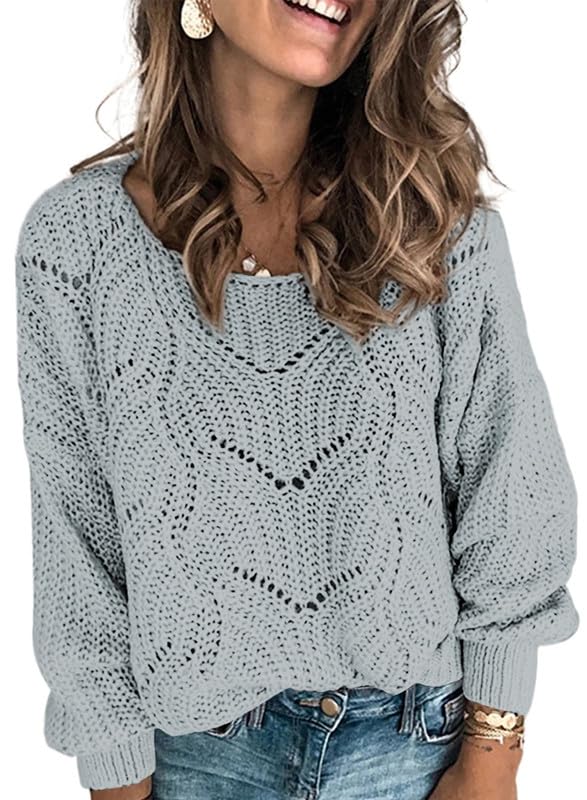 Dokotoo Womens, Crewneck Sweater Long Sleeve Solid Hollow Out Autumn Winter Fall Plain Casual Loose Chunky Knit Pullover Sweaters for Women Jumper Tops Grey XX-Large