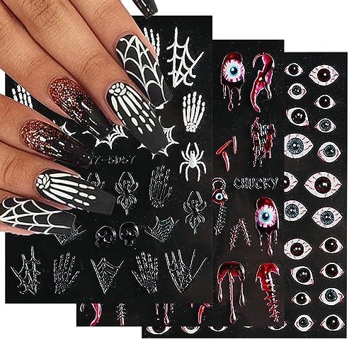 Halloween Nail Art Stickers Decals, 5D Stereoscopic Embossed Halloween Nail Stickers Nail Art Supplies Ghost Face Spider Bat Halloween Nails Design Decals for Women Girls DIY Nail Art Decorations