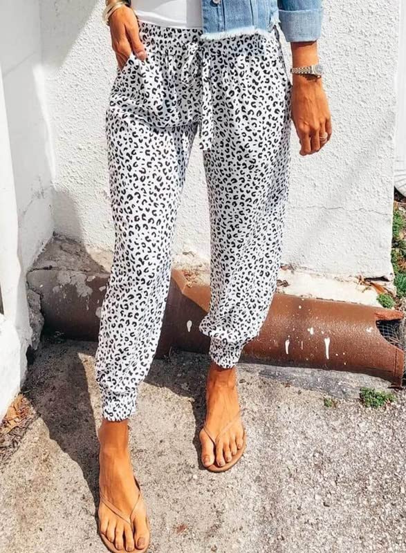 Dokotoo Womans Summer Comfy Casual Loose Breezy Leopard Drawstring Elastic Waist Jogging Jogger Pants Sweatpants for Women Loose Fit with Pockets Small