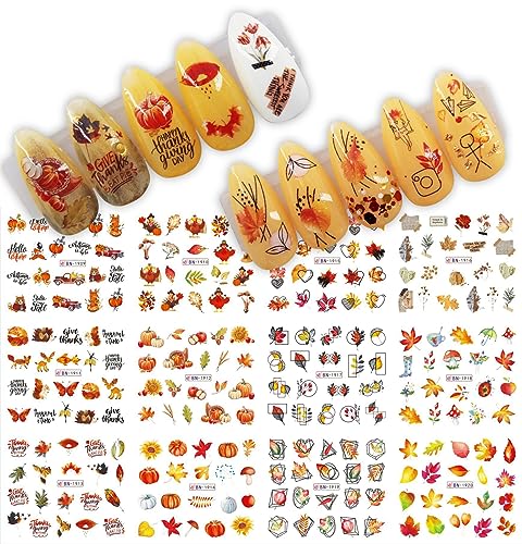Fall Leaf Nail Art Stickers, LPOODDNU Maple Leaf Nail Decals Autumn Nail Art Supplies Cute Maple Leaves Turkeys Squirrels Pumpkins Water Decals for Women Thanksgiving Day Nail Art Decorations