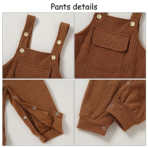 CARETOO Newborn Baby Boy Clothes,Infant Boy Romper Fall Winter Outfits Bodysuit 2Pcs Striped Long Sleeve Top Overalls 0-18M(Brown 6-12M)