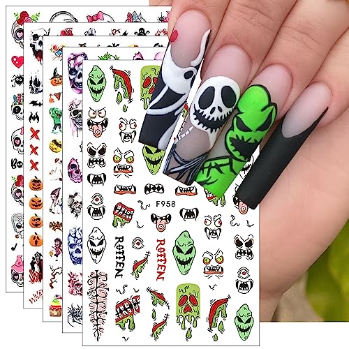 JMEOWIO 10 Sheets Halloween Nail Art Stickers Decals Self-Adhesive Pegatinas Uñas Ghost Skull Bat Horror Nail Supplies Nail Art Design Decoration Accessories