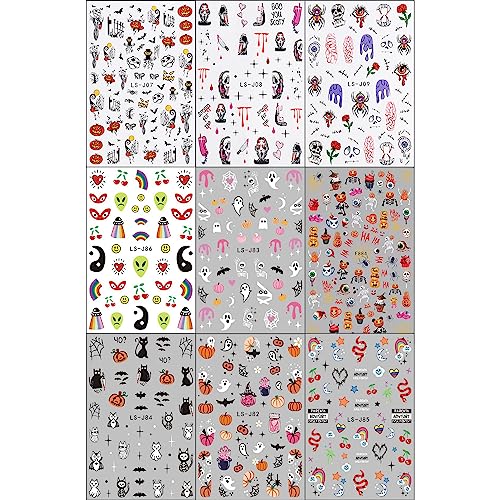 JMEOWIO 9 Sheets Halloween Nail Art Stickers Decals Self-Adhesive Pegatinas Uñas Cute Ghost Witchy Spider Web Bat Pumpkin Spook Nail Supplies Nail Art Design Decoration Accessories