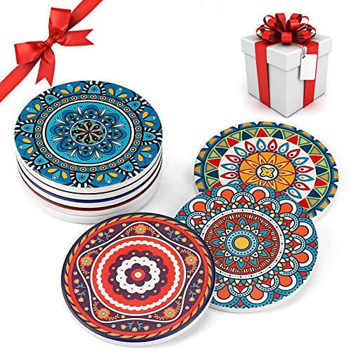 Coasters for Drinks,AODINI Set of 8 Absorbent Stone Coasters for Wooden Table, Mandala Ceramic Coasters with Cork Base, Gift for Housewarming Birthday and Family - Great Home and Dining Room Decor