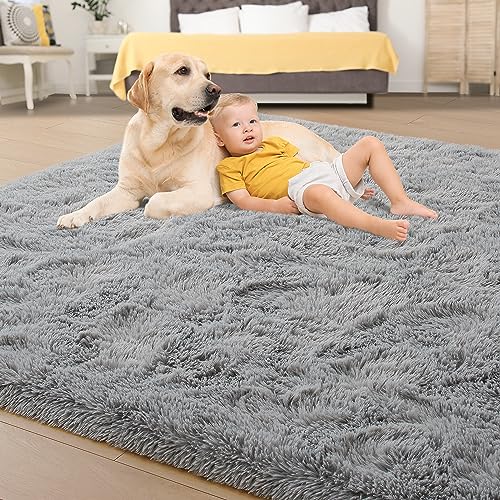 Tepook Super Soft Fluffy Rugs for Living Room, Area Rugs 8x10 for Bedroom, Modern Shaggy Rug Fuzzy Carpets for Kids, Plush Indoor Nursery Home Decor Rug with Non-Slip Bottom, Grey