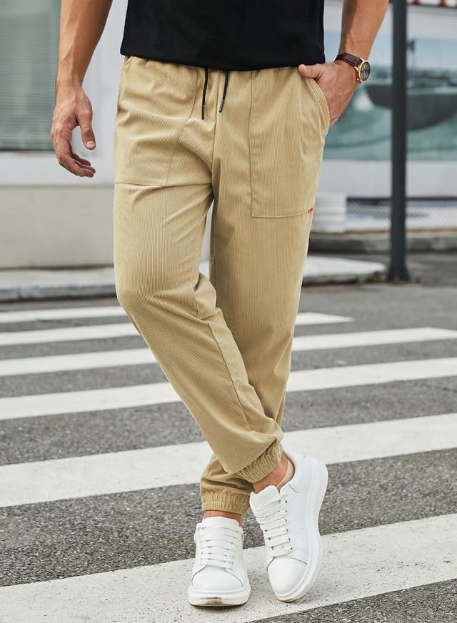 JMIERR Corduroy Pants Men Elastic Waist Drawstring Stretch Tapered Joggers Fall Fashion 2023 Sweatpants Trousers Casual Chinos Pant with Pocket, A Khaki, US34(M)