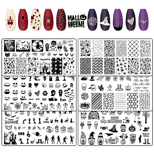 Hying 6pcs Halloween Nail Art Stamping Plates for Women Nail Art, Stainless Steel Jack-o'-Lantern Skull Nail Plates Template Set for DIY Halloween Decoration Spooky Spiderweb Stamp Templates Kit