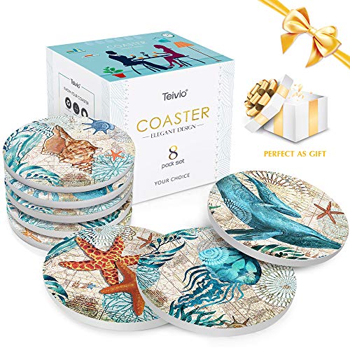 Teivio Absorbing Stone Sea Ocean Life Coasters for Drinks, Cork Base with Holder,Coastal Decor Beach Theme Tropical,for Housewarming Apartment Kitchen Bar Decor, For Wooden Table Coffee table,Set of 8