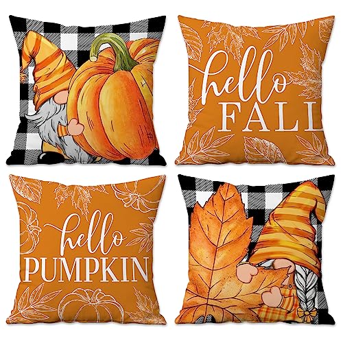 Hexagram Fall Pillow Covers 18x18, Fall Decorations Pumpkin Gnome Maple Leaves Buffalo Plaid Throw Pillow Covers Set of 4 for Couch Sofa Indoor Outdoor, Fall Pillows Autumn Thanksgiving Decorations