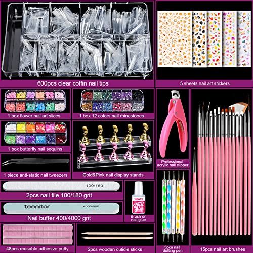 Acrylic Fake Nails Kit, Teenitor Press On Nail Supplies with Clear Coffin Nail Tips Nail Stand Nail Art Brushes Dotting Pen Glitter Sequins Stickers Rhinestones Nail Decorations Nail Starter Kit