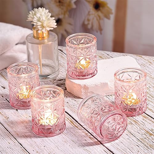 Sunnyfuture 12pcs Pink Votive Candle Holders, Tealight Candle Holders, Glass Candle Holders for Table Centerpiece, Wedding, Home Decoration, Birthday Party,Gifts