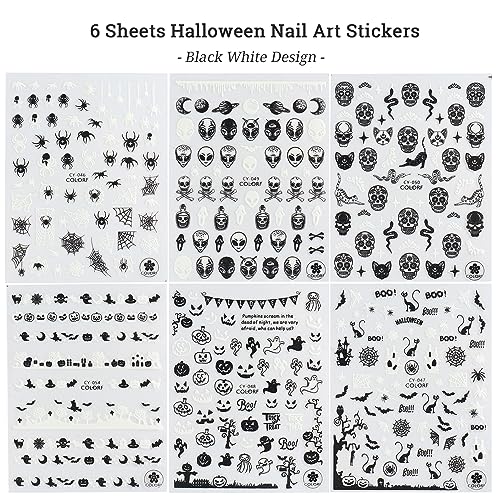 6 Sheets Halloween Nail Art Stickers Glow in Dark Nail Decals Skull Head, Bat, Spider Web, Cat, Alien Design Nail Stickers Luminous 3D Self Adhesive Decals Halloween Nail Decorations for Women Kids