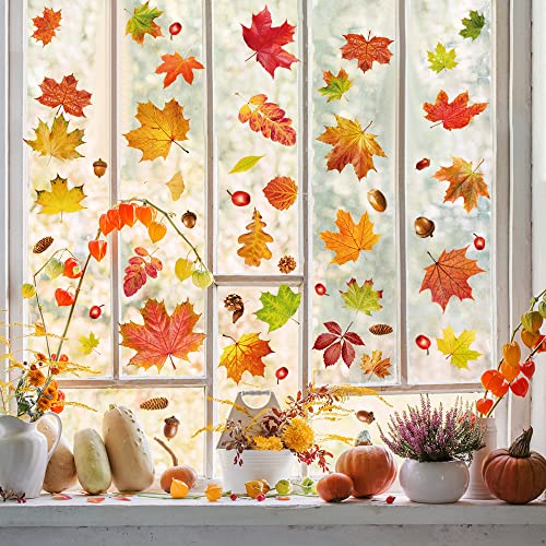 YUJUN 6 Sheets Thanksgiving Fall Window Clings, Maple Leaves Pine Cones Window Decals Stickers for Autumn Glass Home Decor and Thanksgiving Fall Window Decoration