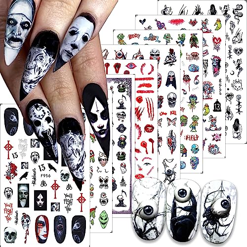 8 Sheets Halloween Nails Art Stickers Decals,Horror Skull Zombie Blood Rose Ghost Eyes Nail Sticker,Day of The Dead Nails Decals,3D Self-Adhesive Design for Women Manicure Decorations Supplies