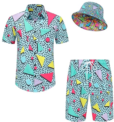 Spanoous Mens Hawaiian Shirts and Shorts Set 80s 90s Shirts 2 Pieces Beach Outfits Sets with Bucket Hats 11-L