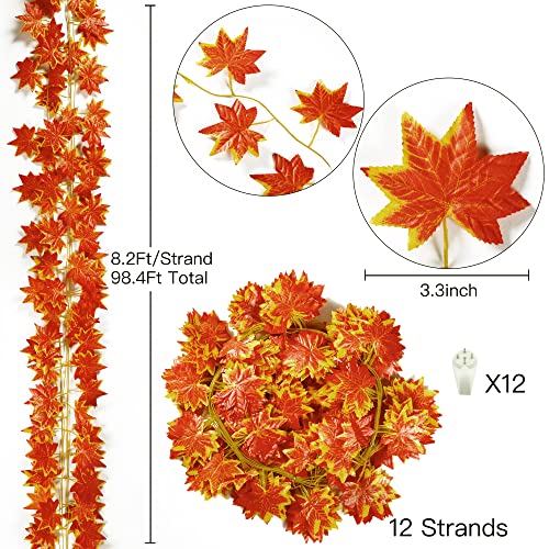 Sggvecsy 12 Pack 92Ft Fall Leaf Garland Artificial Maple Leaves Garland Silk Autumn Hanging Vines Red Ivy Garland for Thanksgiving Home Wedding Party Garden Fireplace Christmas Decor