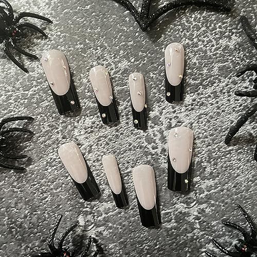 French Tip Press on Nails Medium Square Fake Nails Black Nude Glue on Nails Glossy Rhinestone False Nails With Design Cute Acrylic Nails Holiday or Summer for Women Nail Art 24pcs