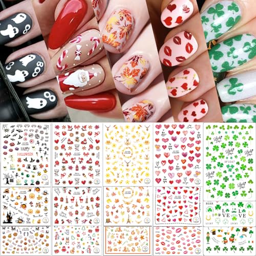 30 Sheets Holiday Nail Stickers, Fall Halloween Christmas Valentine's Thanksgiving St. Patrick's Day Nail Art Decals Mixed All Season Set, Self-Adhesive Design Year-Round Manicure Decorations Supplies