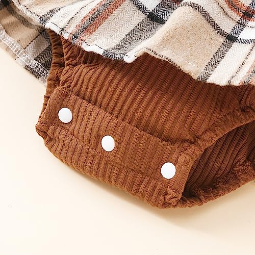 Toddler Baby Girl Fall Winter Outfit Set Plaid Romper Dress Ruffles Long Sleeve Clothes Jumpsuit with Bow Headband (Brown, 6-9 Months)