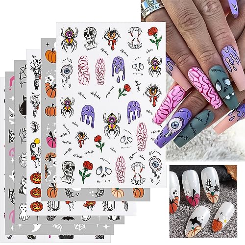 6 Sheets Halloween Nail Stickers 3D Self-Adhesive Halloween Nail Art Stickers Cute Terror Face Skull Pumpkin Bat and Terror Eyes、Bloodstain Nail Decals Halloween Party Nail Decoration Nail Supplies for Women and Girls