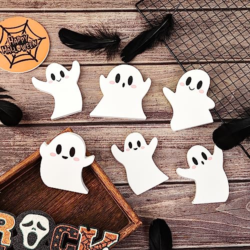 6 Pcs Halloween Decorations White Ghost Miniature Wooden Signs Cute Distressed Cutouts Whimsical Fall Table Centerpieces for Manterl Shelf Tiered Tray Home Kitchen Party Decor