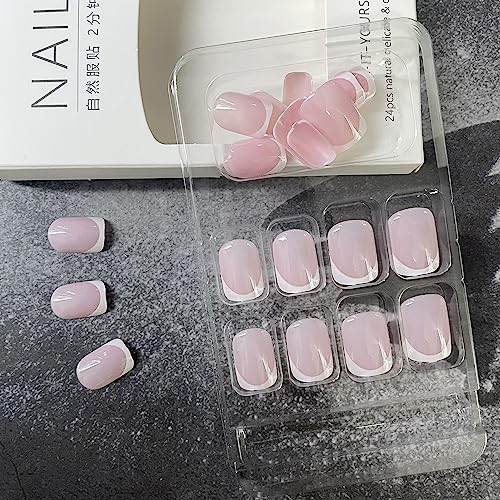 24Pcs Pink Press on Nails Short Fake Nails French Tip False Nails Glossy Artificial Acrylic Full Cover Glue on Nails Square Stick on Nails for Summer Women Girls Manicure Art（White）