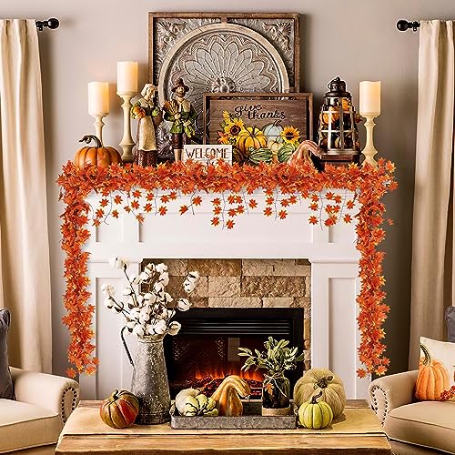 CQURE 12 Pack Fall Leaf Garland, Hanging Vines Garland Artificial Fall Maple Leaves Garland Thanksgiving Decor for Home Wedding Fireplace Party