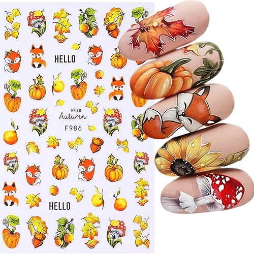 Fall Nail Art Sticker 3D Pumpkin Nail Stickers Autumn Maple Leave Nail Decals with Deer Mushroom Self Adhesive Design for Acrylic Nail DIY Manicure Thanksgiving Nail Art Decoration