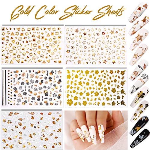 12 Sheets Nail Art Sticker 3D Self-Adhesive, Teenitor Nail Art Decoration with 5 Boxes Holographic Nail Art Glitter Flakes Butterfly Heart Star Maple Leaf Nail Sequins and Nail Art Flower Slices