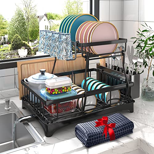 Godboat Dish Drying Rack with Drainboard, 2-Tier Dish Racks for Kitchen Counter, Dish Drainer Set with Utensils Holder, Large Capacity Dish Strainers with Extra Drying Mat (Black)