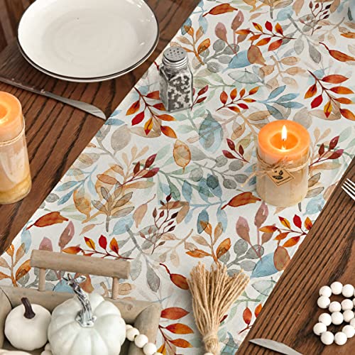 Artoid Mode Beige Eucalyptus Leaves Fall Table Runner, Seasonal Autumn Kitchen Dining Table Decoration for Outdoor Home Party 13x72 Inch