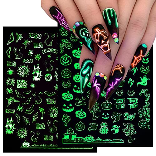 Halloween Nail Stickers 3D Luminous Halloween Nails Self Adhesive Nail Sticker Nail Art Supplies Decals Halloween Nail Art Designs Halloween Skull Ghost Pumpkin Spider Bat Nail Art Decoration 6Sheets