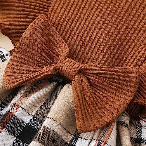 Toddler Baby Girl Fall Winter Outfit Set Plaid Romper Dress Ruffles Long Sleeve Clothes Jumpsuit with Bow Headband (Brown, 6-9 Months)