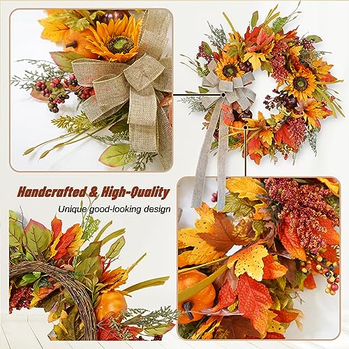 Fall Wreaths for Front Door, Sunflower Autumn Wreath, Pumpkins and Burlap Bows, for Halloween Christmas Farmhouse Indoor Outdoor Outside