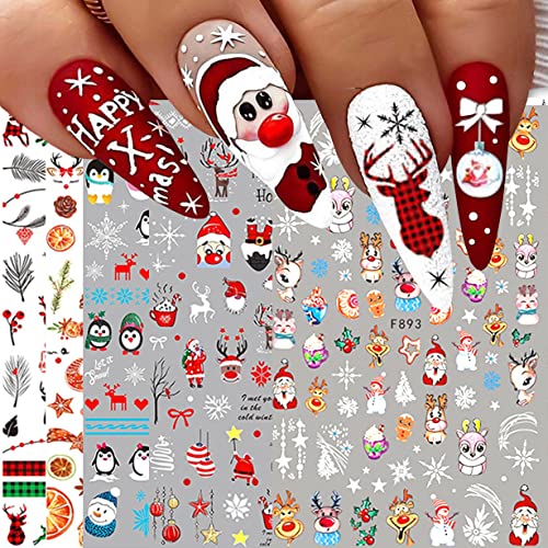 10 Sheets Christmas Nail Art Stickers Decals Self-Adhesive Pegatinas Uñas Navidad Snowflake Santa Claus Reindeer Snowman Nail Supplies Holiday Nail Art Design Decoration Accessories