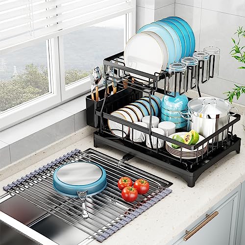 Dish Drying Rack Large Dish Rack, 2 Tier Dish Racks for Kitchen Counter, Extra Roll-Up Kitchen Sink Drying Rack, Rustproof Stainless Steel Dish Drainer with Drainboard Set Utensil Holder Cup Rack